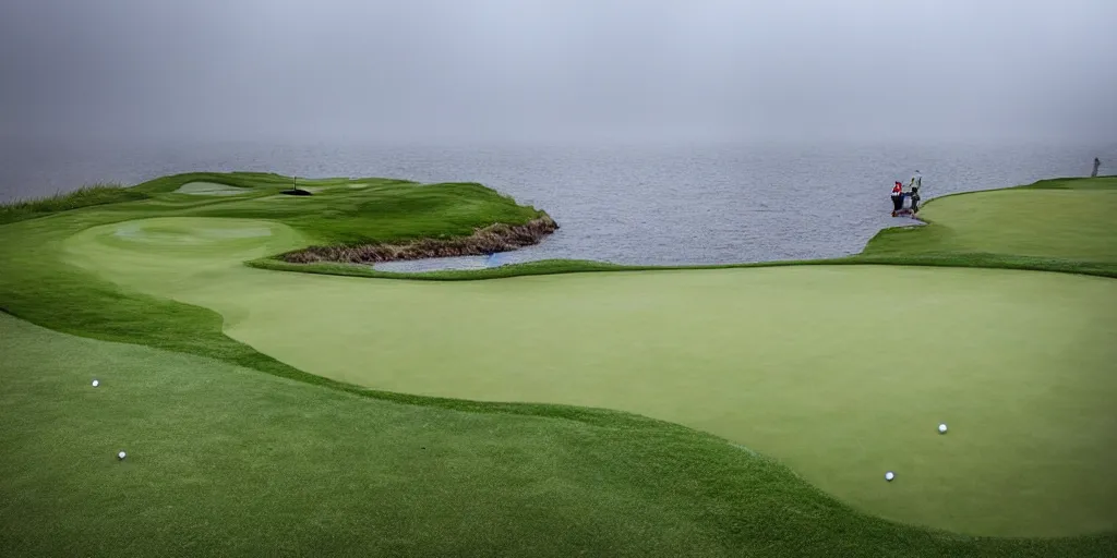 Image similar to a great photograph of the most amazing golf hole in the world, surrounded by water, giant ship wreck, lightning storm, ambient light, golf digest, top 1 0 0, fog