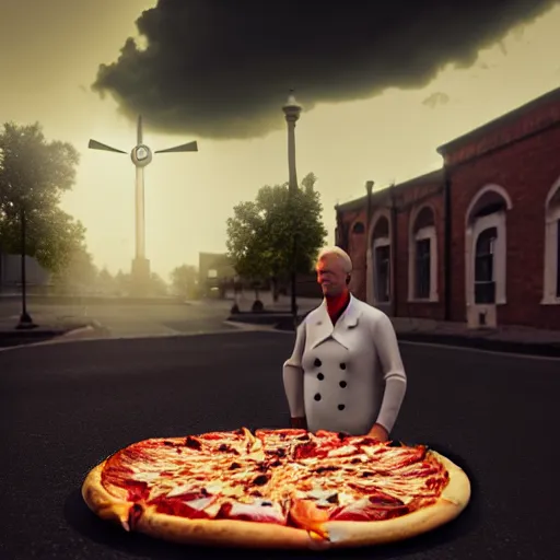 Prompt: pizza angel, 3 d model, unreal engine, octane render, 4 k, ultra realstic, eerie lighting, realistic shadows, clock tower in background, lightning, dark clouds in the sky