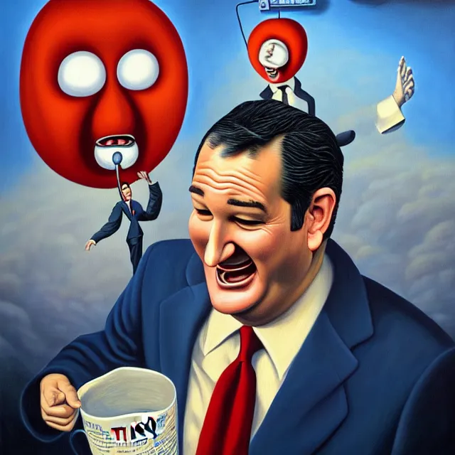 Image similar to an oil on canvas portrait painting of ted cruz telling a joke about the the republican party, surrealism, surrealist, cosmic horror, rob gonsalves, high detail