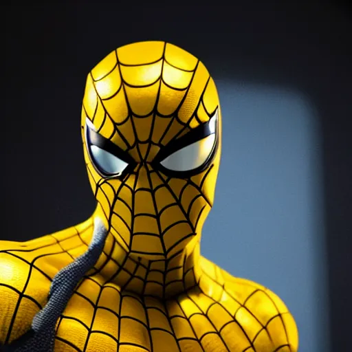 Image similar to still photo of yellow spider - man, highly detailed, photorealistic portrait, bright studio setting, studio lighting, crisp quality and light reflections, unreal engine 5 quality render