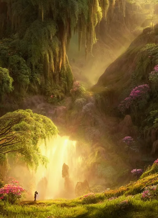 Image similar to an elegant fairy with wings of lace in a lord of the rings scenery landscape, looking out at a vast lush valley flowers and wood structures, stream, sunrise, god's rays highly detailed, vivid color, cinematic lighting, perfect composition, 8 k, gustave dore, derek zabrocki, greg rutkowski, belsinski, octane render