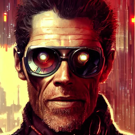 Prompt: closeup portrait of william dafoe, cyberpunk, ex military guy, city background, dramatic light, gorgeous view, depth, high detail, digital art, painted by greg rutkowski and seb mckinnon, neuromancer, trending on artstation