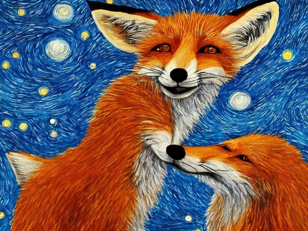 Image similar to a centred zoomed out painting of a fox in the style of Starry Night, highly detailed