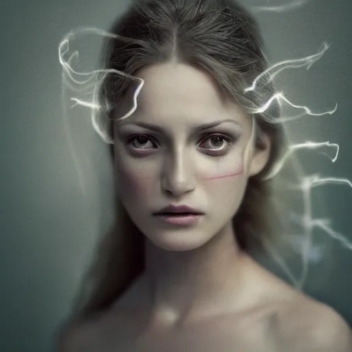 Image similar to portrait of a beautiful ghostly haunting female, depth of field, zeiss lens, detailed, symmetrical, centered, fashion photoshoot, by annie leibovitz and steve mccurry, david lazar, jimmy nelsson, breathtaking, 8 k resolution, extremely detailed, beautiful, establishing shot, artistic, hyperrealistic, beautiful face, octane render