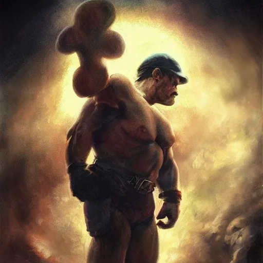 Image similar to An ultra realistic portrait painting of Mario in the style of Frank Frazetta, 4k, Ultrarealistic, Highly Detailed, Dark Fantasy, Epic Lighting