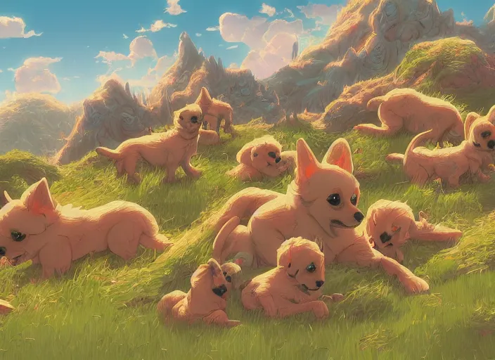 Image similar to concept art of a puppy landscape made of puppies, cel shaded, in the style of makoto shinkai and moebius and peter mohrbacher and anton fadeev