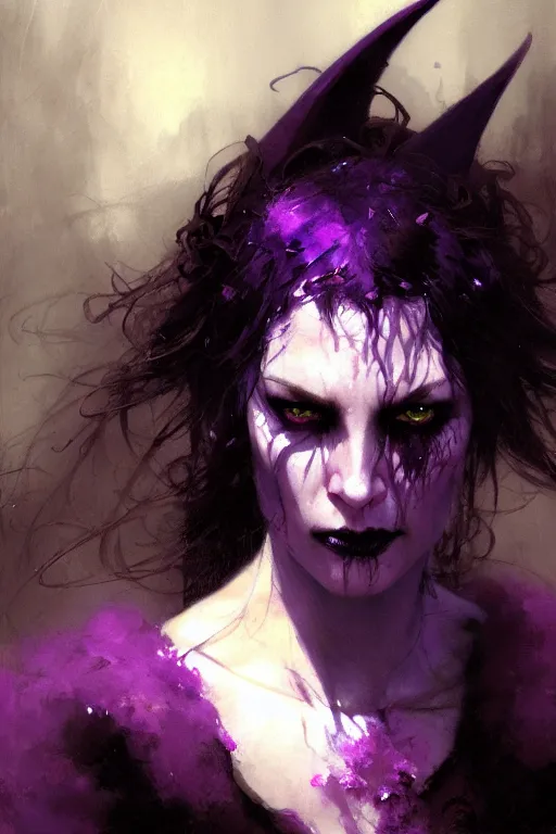 Image similar to extreme close up, facial portrait, woman in witch outfit, purple accents, stoic, grim dark, moody, portrait dnd, painting by gaston bussiere, craig mullins, greg rutkowski, yoji shinkawa