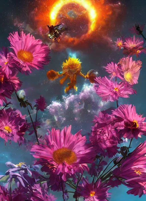 Image similar to An epic fantastic realism comic book style painting of the most beautiful flowers launched into space, bouquets, dark cosmos, fisheye lens, unreal 5, DAZ, hyperrealistic, octane render, dynamic lighting