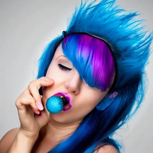 Image similar to girl with blue hair blowing a pink bubble. graphic design