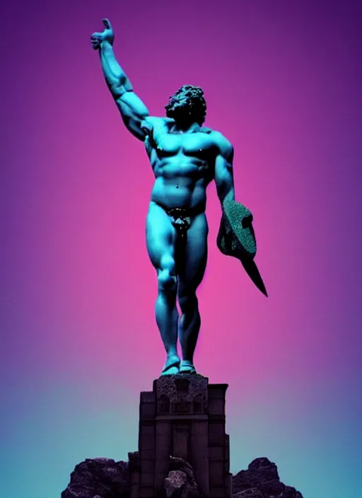 Image similar to statue of hercules, heroic, beeple, vaporwave, retrowave, black background, neon wiring, black, glitch, strong contrast, cuts, pinterest, trending on artstation