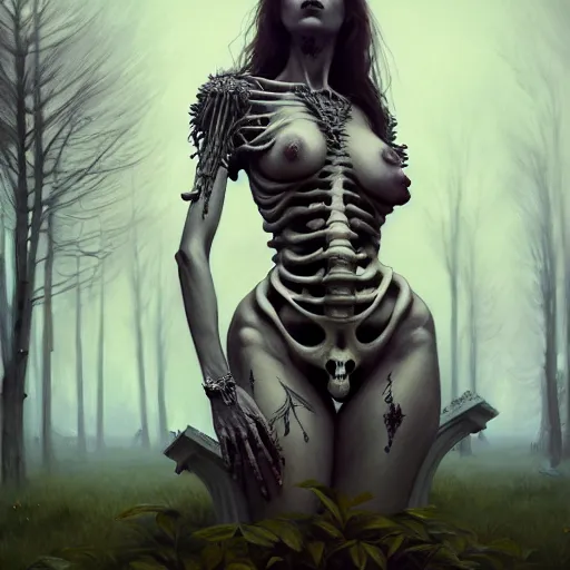 Image similar to bone goddess, beautiful girl, full body, bone throne, in a cemetary, realistic, serov, surikov, vasnetsov, repin, kramskoi, insanely detailed, charlie bowater, tom bagshaw, high resolution, octane rendered, unreal engine, illustration, trending on artstation, masterpiece, 8 k