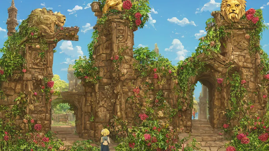 Image similar to A giant medieval fantasy gate with an gold carved lion face at the center, vines, thorns, roses, flowers, vivid vegetation, pastel color tones, clear clean, Ilya kushinov, by Makoto Shinkai, Studio Ghibli, Miyazaki, Kyoto Animation, digital 2D, painterly style, gouache illustration, high contrast, cute, kawaii, golden ratio, rule of thirds