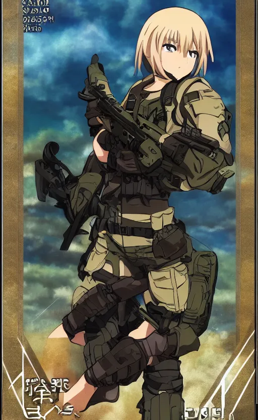 Prompt: girl, trading card front, soldier clothing, combat gear, anime face, illustration, by ufotable studio, green screen