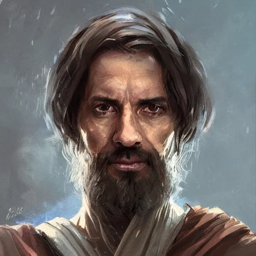 Image similar to portrait of a man by greg rutkowski, jedi master, arabian features, messy long black hair, wearing orange jedi robes, star wars expanded universe, he is about 6 0 years old, highly detailed portrait, digital painting, artstation, concept art, smooth, sharp foccus ilustration, artstation hq