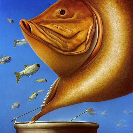 Image similar to a worried fish on the top of a pile of fish, all the fish are inside a cooking pot, side view, by vladimir kush, dystopian art, rococo