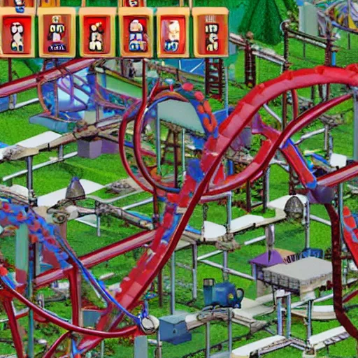 Image similar to alfred e. neumann rides in roller coaster tycoon