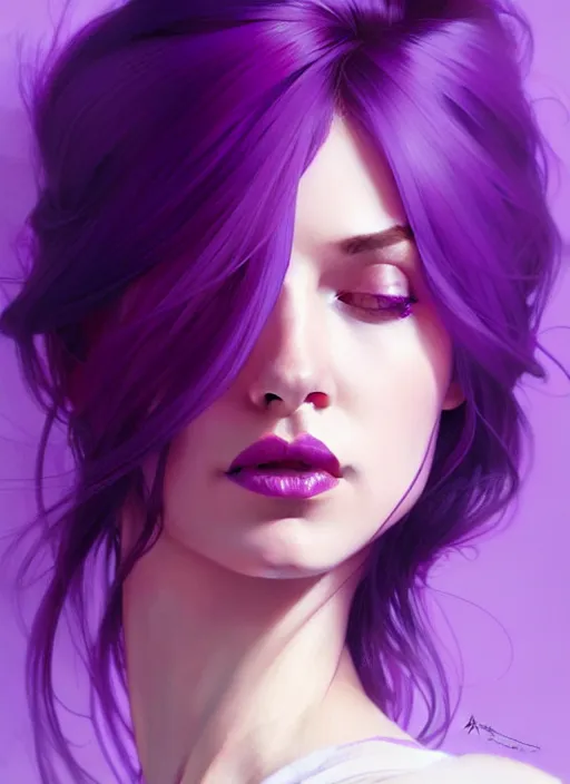 Image similar to Purple hair, creative colouring Portrait of woman, fashion, intricate, elegant, highly detailed, digital painting, artstation, concept art, smooth, sharp focus, illustration, art by artgerm and greg rutkowski and alphonse mucha