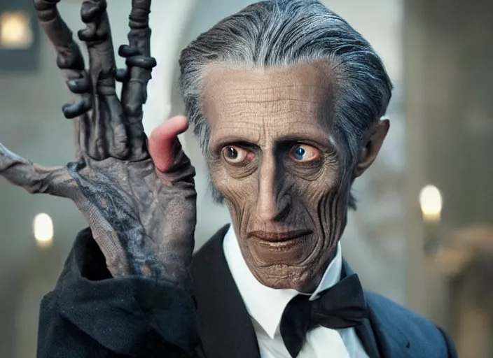 Image similar to Ebony Maw working as a funeral director in the new avengers movie, 4k