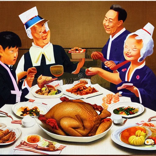 Image similar to normal rockwell's thanksgiving dinner illustration with japanese food. normal rockwell style. illustration. high quality.