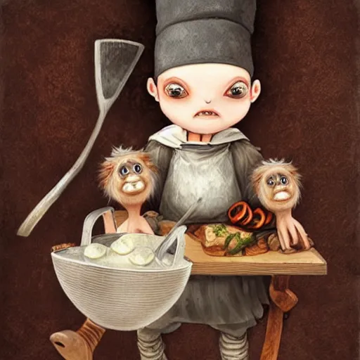 Prompt: a gibbon medieval chef, fantasy concept art by nicoletta ceccoli, mark ryden, lostfish, max fleischer