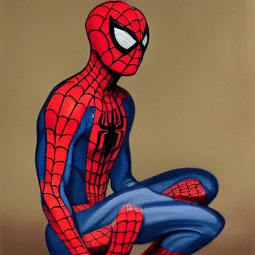 Image similar to spiderman, kneeling, praying, head lowered, portrait, oil, painting, highly detailed, spider god, praying to spider god, spider jesus