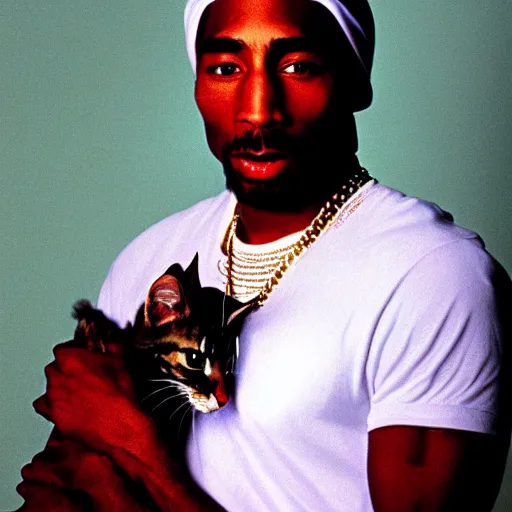 Prompt: 1 5 mm wide - angle lens photo of tupac in 1 9 9 0 new york holding a kitten up to the camera, 4 k