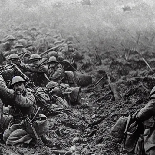 Image similar to 4k cinematic photograph Battle of the Somme 1916