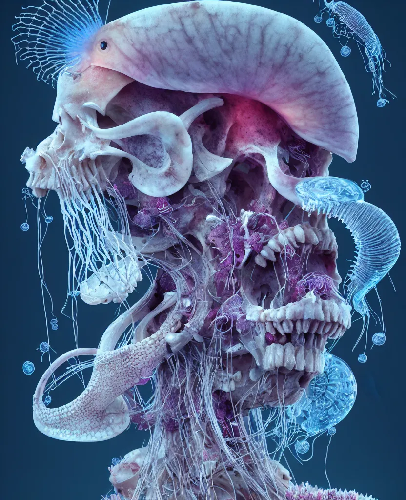 Image similar to goddess close-up portrait ram skull, thorax, x-ray, backbone, jellyfish phoenix head, nautilus, orchid, skull, betta fish, bioluminiscent creatures, intricate artwork by Tooth Wu and wlop and beeple. octane render, trending on artstation, greg rutkowski very coherent symmetrical artwork. cinematic, hyper realism, high detail, octane render, 8k