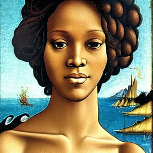 Image similar to Whitney Houston as Botticelli\'s The birth of Venus as a pretty African Black woman with short black hair and black skin rising from the sea on a shell, accurate face