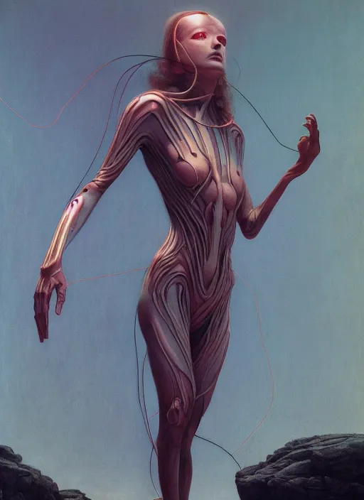 Prompt: Wanda Maximoff, dynamic pose, glowing, wires everywhere, by Edgar Maxence and Ross Tran, Zdzisław Beksiński, and Michael Whelan, distant, gustav dore, H.R. Giger, 8k, octane render