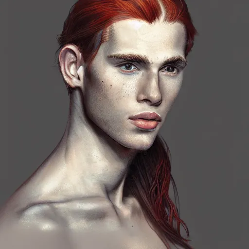 Image similar to portrait of a thin young man with long red hair, ponytail, a lot of freckles on his face, intricate, elegant, glowing lights, highly detailed, digital painting, artstation, concept art, smooth, sharp focus, illustration