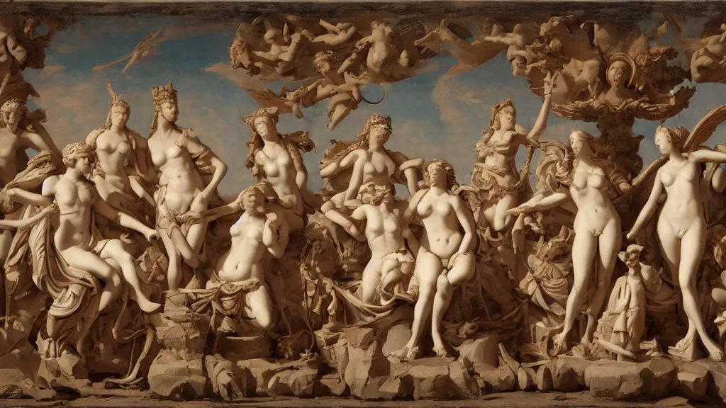 Image similar to The Judgment of Paris; he is sitting at left with Venus, Juno and Pallas Athena, a winged victory above; in the upper section the Sun in his chariot preceeded by Castor and Pollux on horseback; at lower right two river gods and a naiad above whom Jupiter, an eagle, Ganymede, Diana and another Goddess by Greg Rutkowski, Nicolas Bouvier SPARTH, James Paick, WLOP, Artgerm, PIXAR, dramatic moody sunset lighting, long shadows, Volumetric, cinematic atmosphere, Octane Render, Artstation, 8k