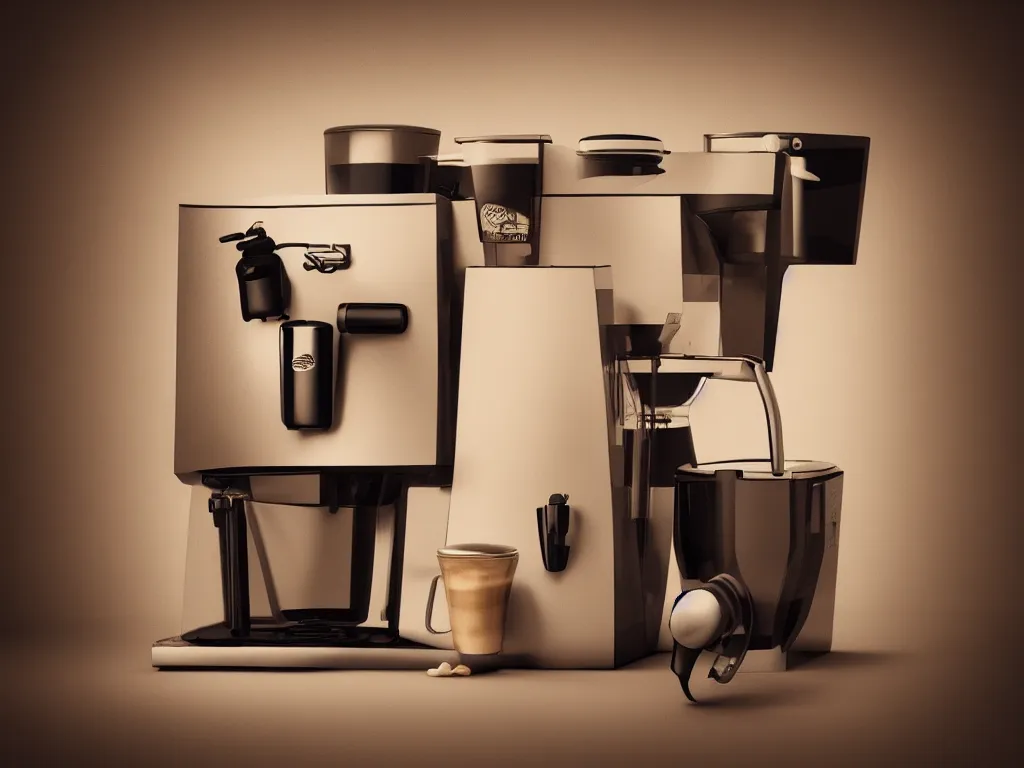 Image similar to photography of a coffee machine, realistic, by pixar, serene illustration, fresh colors, trending on artstation