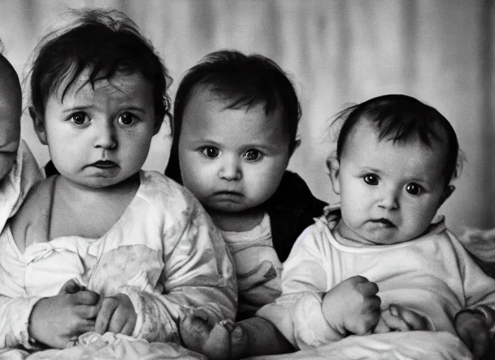 Image similar to high resolution black and white portrait with an 8 0 mm f / 1 2 lens of babies in chernobyl in 1 9 8 9.