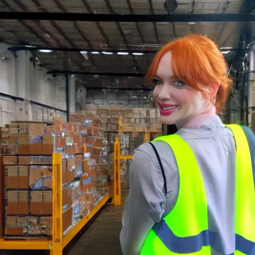 Prompt: photo, close up, christina hendricks in a hi vis vest, in warehouse, android cameraphone, 2 6 mm,