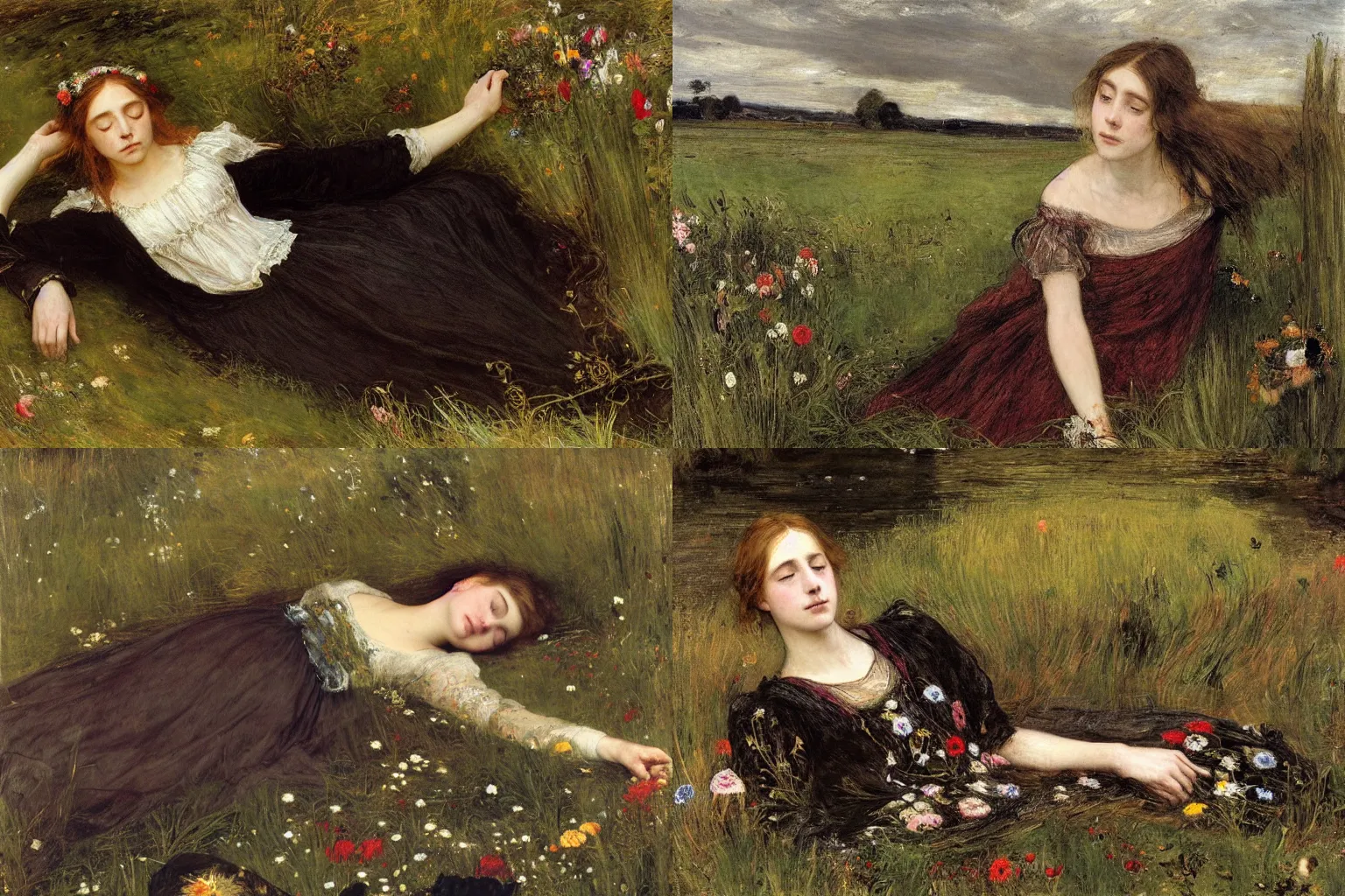 Prompt: young sad drowned ophelia floating in dark waters surrounded by high green grass and flowers, by sir john everett millais, wearing an antique embroidered dress, arms stretched out, with closed eyes, dark, detailed