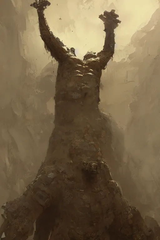 Image similar to looking up at a bronze golem, intricate, elegant, highly detailed, john park, frazetta, sparth, ruan jia, jeffrey catherine jones