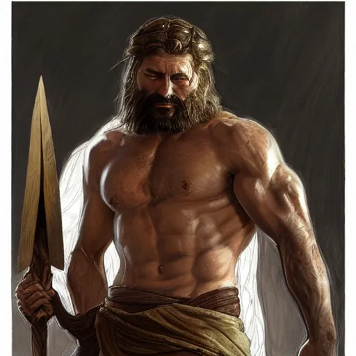Prompt: portrait of biblical Cain, a gruff ranger carrying the holy lance of longinus spear of destiny, muscular, handsome face, hairy body, a wolfish dog at his feet, intricate, elegant, highly detailed, digital painting, artstation, concept art, matte, sharp focus, illustration, art by Artgerm and Greg Rutkowski and Alphonse Mucha