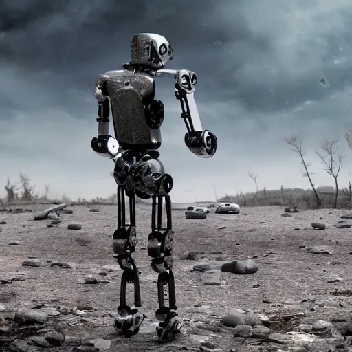 Prompt: a realistic photo of a broken robot in a deserted and apocalyptic environment