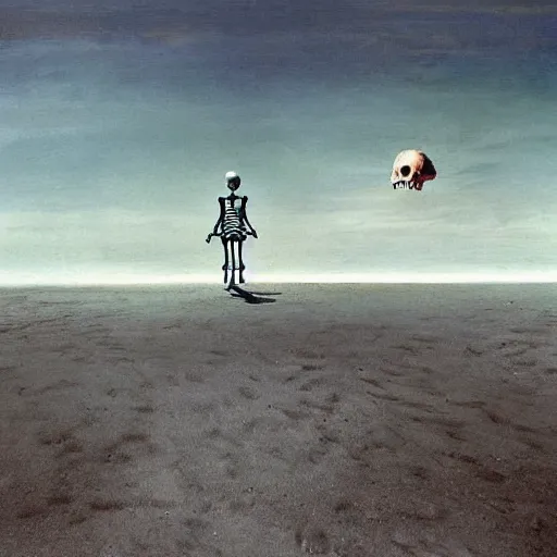 Image similar to a skeleton walking on a beach next to the ocean, nuclear bomb explosion in the background, a surrealist painting by Storm Thorgerson, featured on cg society, nuclear art, surrealist, apocalypse landscape, chillwave