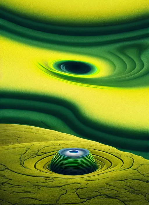 Image similar to a painting of a green and yellow swirl in the middle of a mountain, a computer rendering by mike winkelmann, shutterstock contest winner, nuclear art, tesseract, apocalypse art, concept art