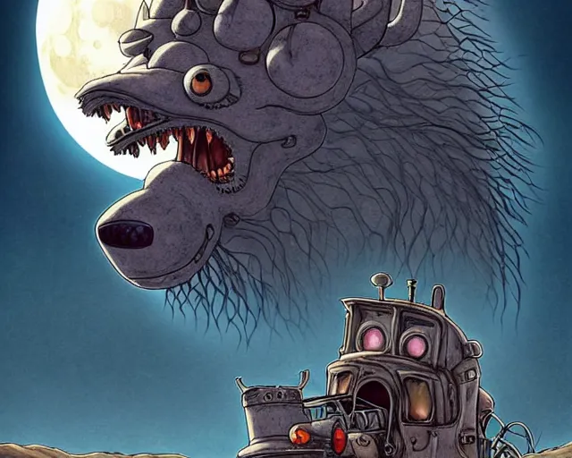 Prompt: a cell shaded cartoon grey lovecraftian mechanized wolf from howl's moving castle ( 2 0 0 4 ), with a big head, on a desert road, wide shot, in front of a big moon, muted colors, post grunge, josan gonzales, wlop, by james jean, victor ngai, hq, deviantart, art by artgem