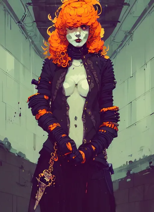 Prompt: highly detailed portrait of a sewer punk lady paladin, tartan vestments, curly blonde hair by atey ghailan, by greg rutkowski, by greg tocchini, by james gilleard, by joe fenton, by kaethe butcher, gradient, orange, black, brown and cream color scheme, grunge aesthetic!!! white graffiti tag wall background