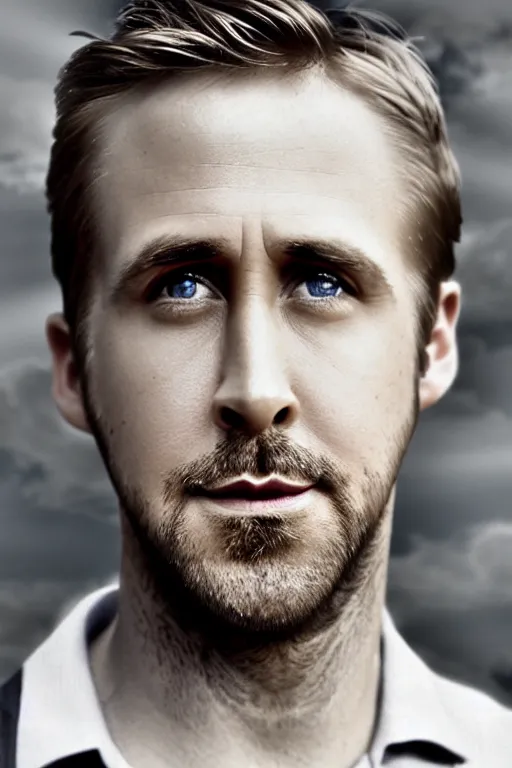 Image similar to digital portrait of ryan gosling in a dreamy photorealistic style with a beautiful dramatic background