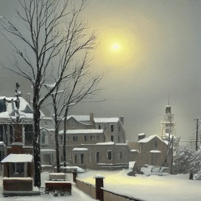 Prompt: a beautiful painting of a small new england town engulfed in a noreaster blizzard by rutkowski and rockwell, detailed, art gallery quality, cinematic lighting