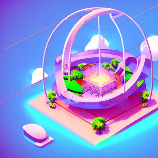 Image similar to isometric half sphere island on neon background, isometric invironment, 3d art, isometric art, amazing detail, artstation, concept art, behance, ray tracing