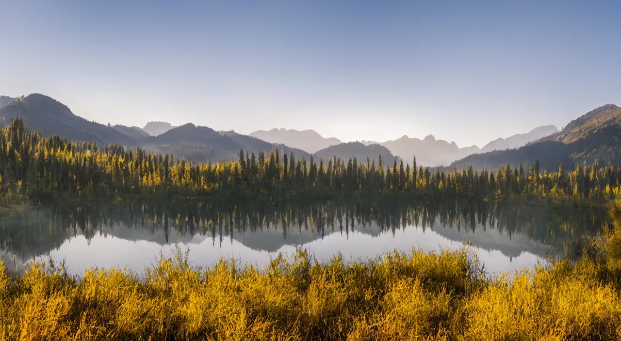 Prompt: sunny landscape, golden vegetation, mirror lake on the right side, foggy mountains far away, photographic quality