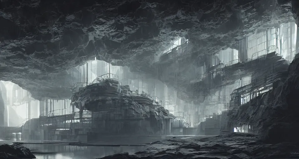 Image similar to futuristic factory in a dark cave, black rocks, dramatic light, intricate, highly detailed, digital painting, volumetric light, artstation, concept art, sharp focus