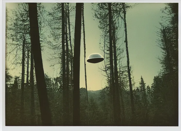 Image similar to aged blurry polaroid photograph of a ufo hovering above a forest at dusk