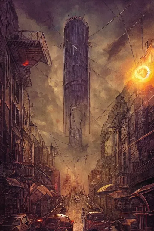 Image similar to the end of the world as we know it, urban city, lovecraftian horror, epic composition, full - color